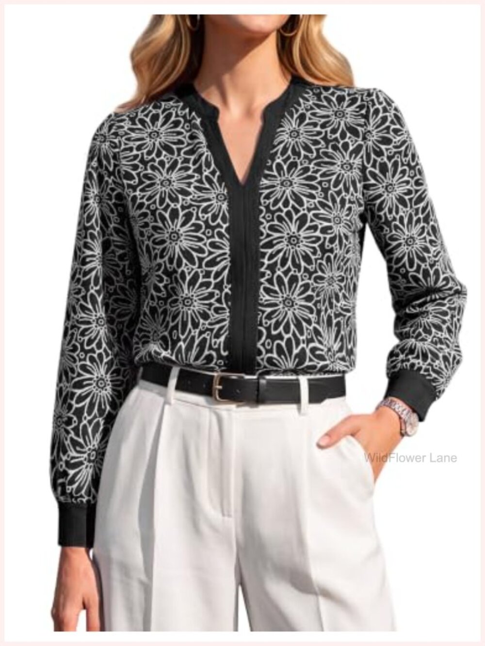 Women's Floral Long Sleeve Blouse Notch V-Neck Dressy Casual Office Top